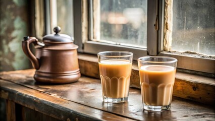 Fototapeta premium Closeup of Indian masala chai in two glasses with kettle on windowsill, Indian, masala chai, tea, glasses, kettle