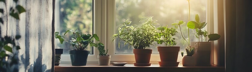 Fototapeta premium Minimal Indoor Plants on Shelves Bathed in Natural Sunlight