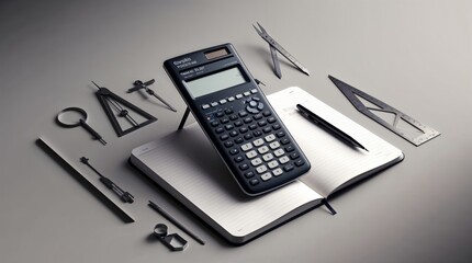 Scientific Calculator With Notebook and Geometric Tools on a Desk Surface for Math and Engineering