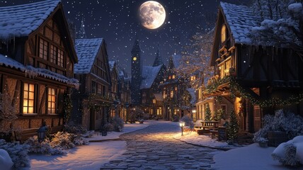 Obraz premium A Serene snowy village at night with warmly lit houses with full moon,charming winter scene with a festive feel,winter,Merry christmas holiday,New year and xmas celebration,Vector illustration.