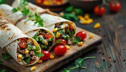 Beef burrito on wooden board with fresh vegetables Mexican cuisine Copy space