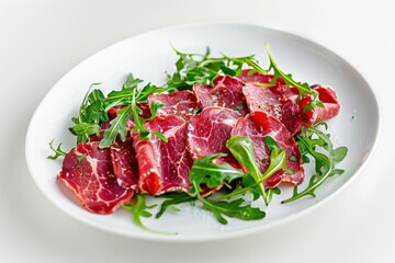 Beef carpaccio on arugula on a white plate