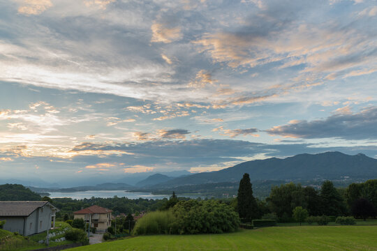 Lake Varese at sunset and on the right the Campo dei Fiori massif, regional park, seen from the town of Azzate, northern Italy  
