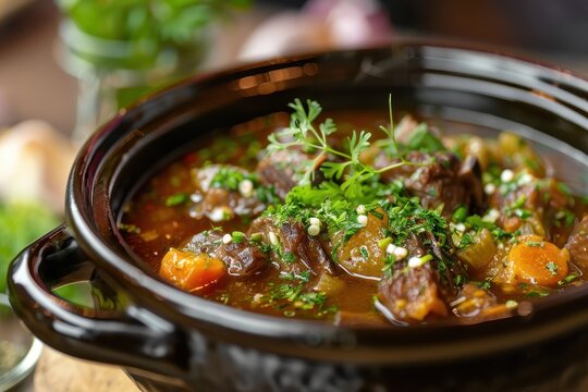 Beef soup in a pot