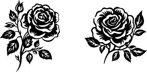 Set of decorative rose with leaves. Flower silhoutte. Vector illustration
