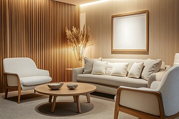 Modern Living Room Design with Wooden Wall and Neutral Armchairs