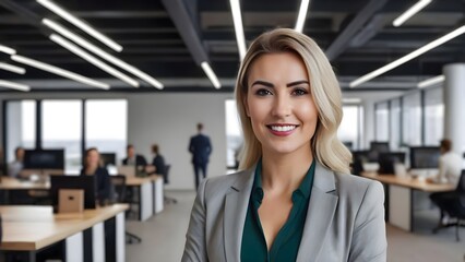 businesswoman professional standing confident in modern office 