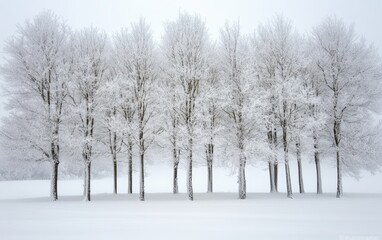 Obraz premium Winter Forest Texture: A serene winter forest covered in snow, with bare trees creating intricate, frosted patterns against a cold, quiet landscape. 