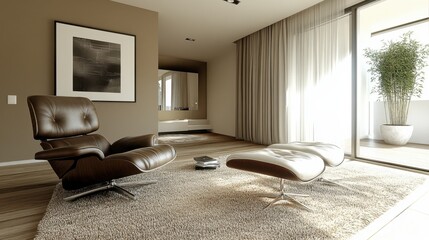 Modern Living Room Interior Design with Leather Armchair Ottoman and Plush Rug