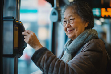 Illustration of smiling elderly person holding a smartwatch to pay for a bus ticket, Elderly people using technology, People in the subway