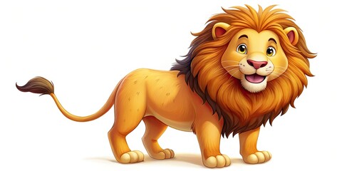 Cheerful Cartoon Lion Standing on White Background - Friendly Animal Illustration for Kids' Decor, Educational Materials, and Playful Designs