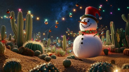 A Festive Cactus Wonderland: A cheerful snowman in a Santa hat stands amidst a whimsical desert landscape adorned with twinkling Christmas lights and cacti.
