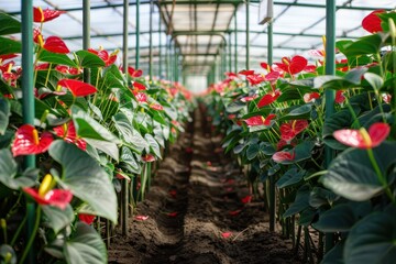 Blooming anthurium plants in a greenhouse row