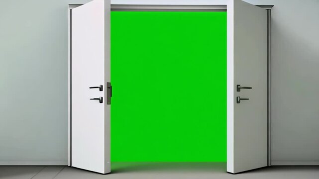 4K animation white door opening reveal green screen background offering clean transition effect portal use various visual projects requiring customizable backgrounds design chroma key wall light
