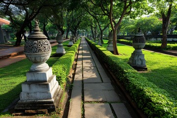 A historic park with old stone statues, manicured gardens, and pathways lined with ancient trees, giving a sense of timeless beauty and history, symbolizing the elegance of heritage parks
