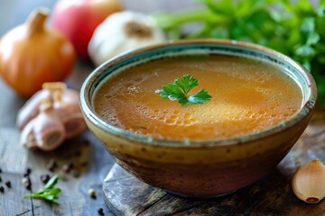 Bowl of homemade organic beef bone broth