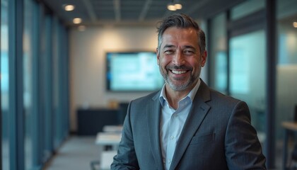 Fototapeta premium A senior CEO, dressed in a professional suit, smiling confidently at the camera, with a bright office behind him