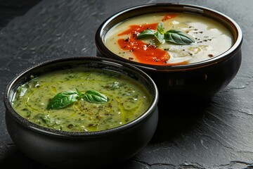 Bowl of spinach and potato soup on black background
