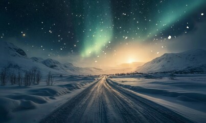 Northern Lights Over Snowy Road