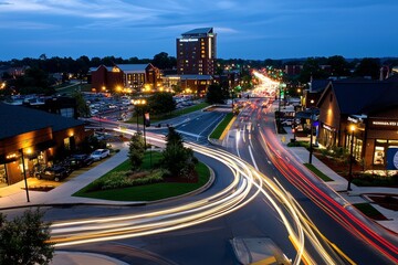 Obraz premium A long exposure shot of a busy city intersection with traffic lights glowing red and the blurred lines of cars moving through the scene, capturing the speed and energy of city life, symbolizing
