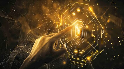Hand pointing at a glowing cyber security shield on a digital interface symbolizing data protection