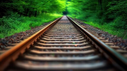 Fototapeta premium A selective focus on a deserted railway track stretching into the distance, with the blurred forest on both sides