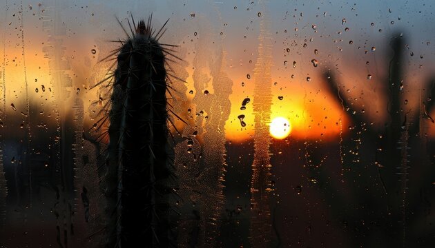 Cactus silhouette at sunrise on frozen window Selective focus