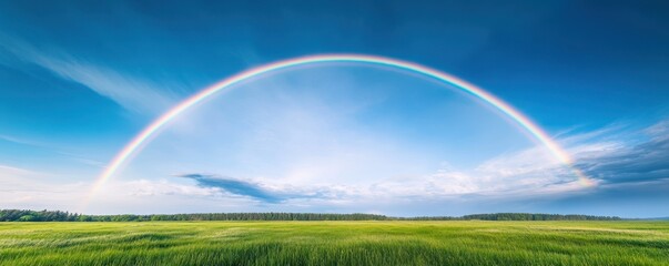 A vibrant rainbow arches over a clear blue sky after a refreshing summer rain shower.