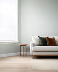 Modern living room with a cozy couch and wooden side table featuring decorative pillows