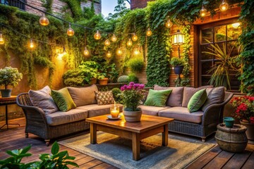 Cozy Outdoor Patio with Soft Lighting and Lush Greenery for Relaxation and Gatherings