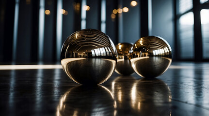 Metallic Spheres Reflecting Abstract Patterns And Architectural Lines In A Modern Interior Setting With Glossy Floor And Ambient Lighting