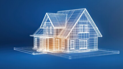 A 3D wireframe model of a house against a blue background, showcasing architectural design and digital visualization concepts.