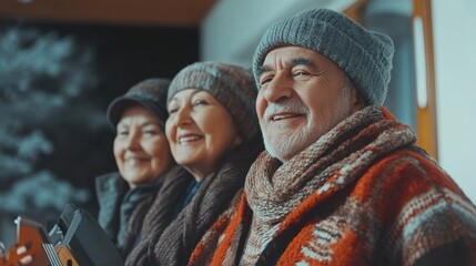 Happy Senior Couple Enjoying Music with Caregiver in Warm Living Room