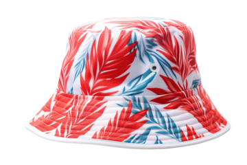Vibrant Tropical Foliage Bucket Hat with Bold Red and Blue Leaf Patterns