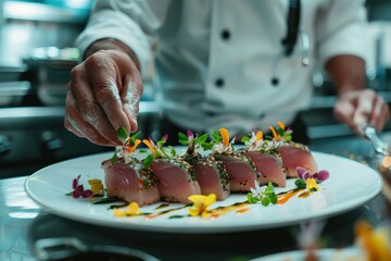 Chef decorating plate of seared tuna tataki with edible flowers in busy kitchen Restaurant