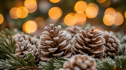 Close-up photo of frosted pinecones with soft glowing lights in a cozy winter setting
