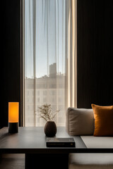 Cozy interior with a soft lamp and decorative plant beside a window in an urban setting