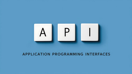 API, application programming interface on a blue background with three wooden blocks text API