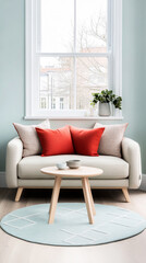 Fototapeta premium A light-colored sofa adorned with bright red cushions sits in a modern living room