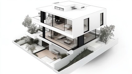 A modern, minimalist house design with multiple levels, featuring large windows, open spaces, and integrated greenery.