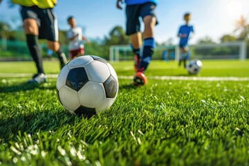 Obraz premium Children competing in a soccer game Boys kicking ball on grass field