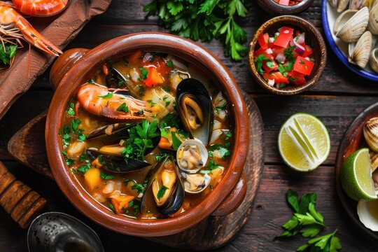 Chilean shellfish soup in clay bowls known as Paila marina or Mariscal