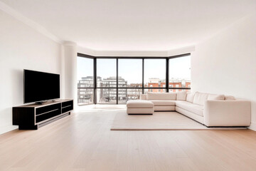 Bright modern living room with a large window and minimalist decor in an urban setting