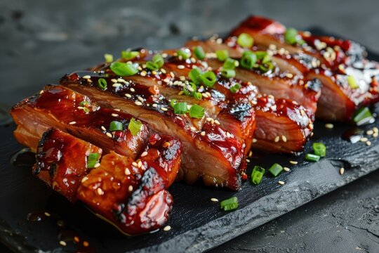 Chinese bbq pork on a black stone board