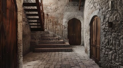 Exploring a medieval castle corridor  the contrast of rustic and opulent doors in 1300s italy