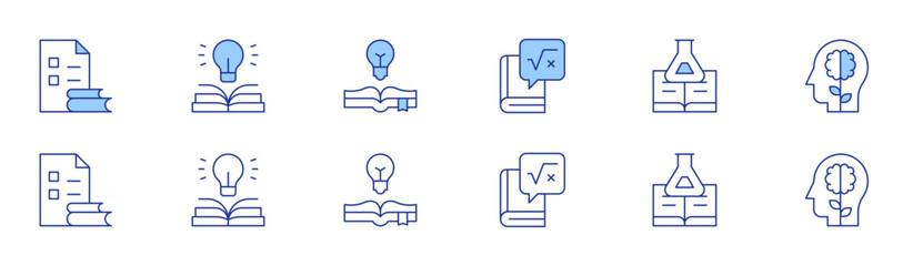 Knowledge icon set in two styles, Duotone and Thin Line style. Editable stroke. knowledge, maths, science, literature, mind, idea