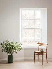 A minimalist interior featuring a wooden chair and a potted plant beside a bright window