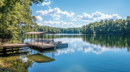 Obraz premium A scenic summer view of a pontoon pier on a calm lake, with the bright blue sky reflecting in the water.