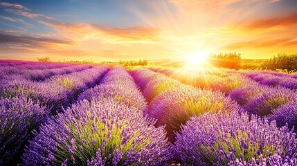 Obraz premium Lavender field rows blooming under a vibrant golden sunset sky in the countryside.