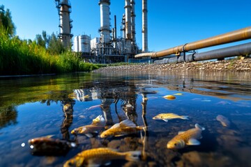Fototapeta premium A polluted river with trash and plastic bottles floating along the surface, industrial pipes in the background, and dead fish washed up on the shore, showcasing the devastating impact of water
